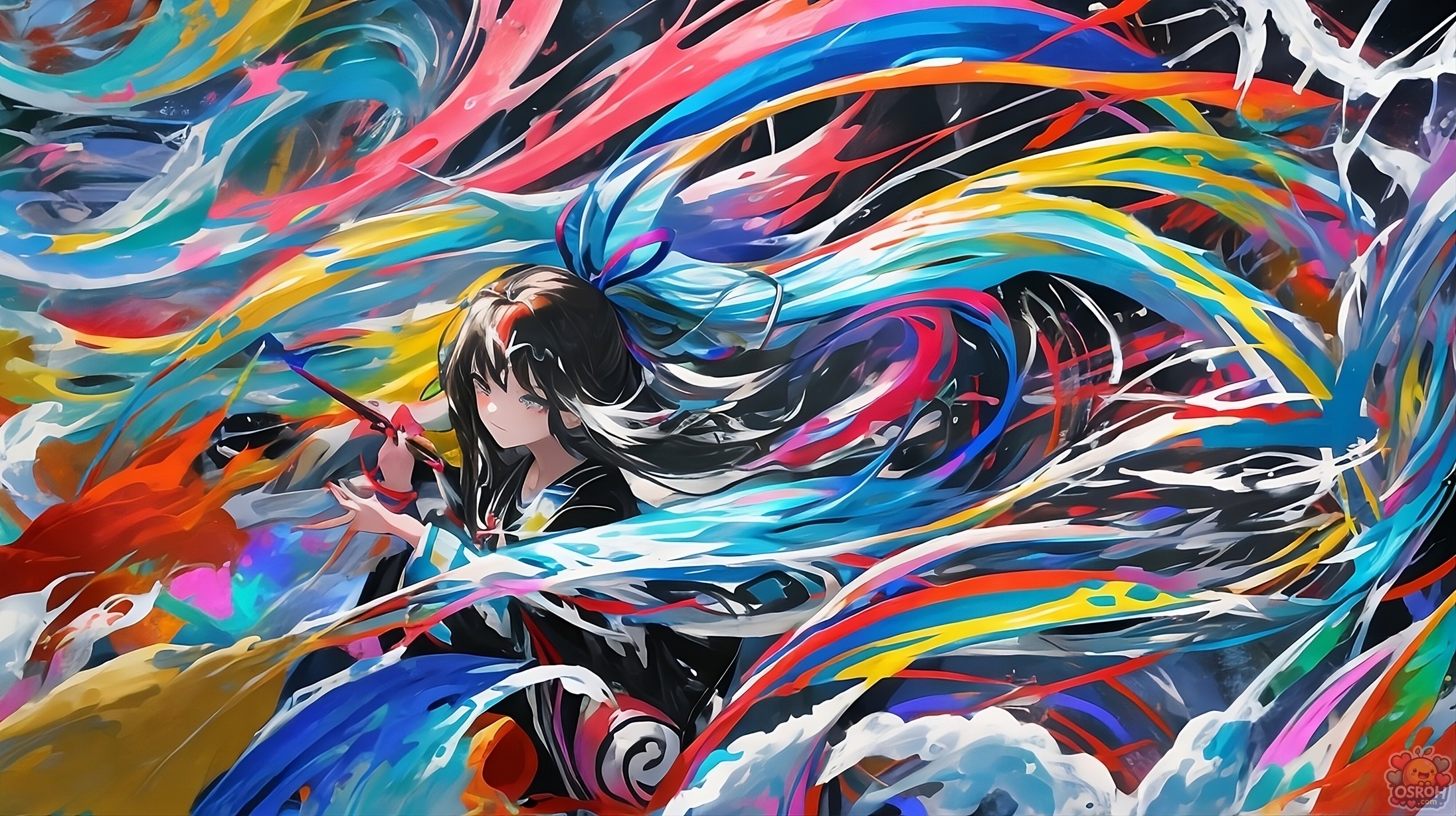 Anime Artist Girl – Color Brush Paint Ribbon Stroke Swirl Abstract Wallpaper